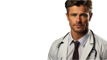 giovane sorridente maschio medico nel bianca laboratorio cappotto con stetoscopio - medico professionale su trasparente sfondo con copia spazio, ai generativo png