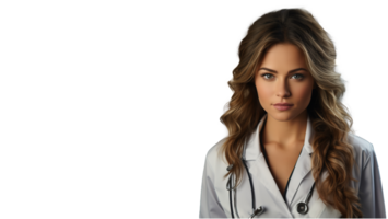 Young Smiling Female Doctor in White Lab Coat with Stethoscope - Medical Professional on Transparent Background with Copy Space, Ai generative png