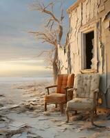 A damaged house with wooden chairs in the Desert photo