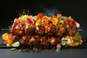 Barbecue skewers meat kebabs with vegetables photo
