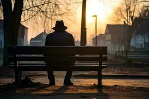 silueta de un hombre sentado en un banco a puesta de sol foto