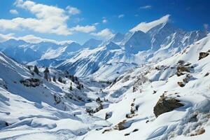 Beautiful shot of mountains and trees covered in snow and fog photo