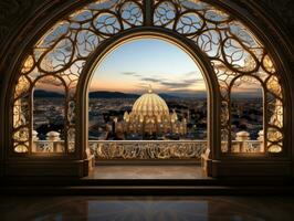 The light shines view through the window into the Islamic mosque photo