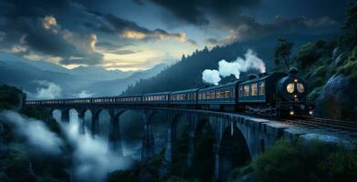 A train on a bridge with a river and mountains in the background photo