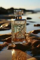 A glass bottle of perfume standing on a sea background photo