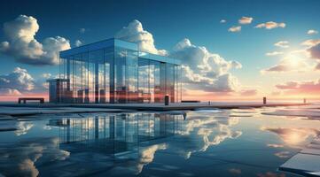 Modern office building reflects blue sky and clouds photo