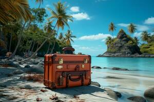 an orange suitcase kept on beach photo