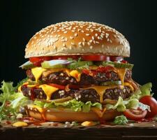 Hamburger on a wooden table in dark background photo