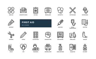 first aid medical emergency injury wound healthcare detailed outline line icon set vector