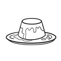 Black and white outline only pudding on top of plate with dripping sauce or vla vector illustration for coloring book isolated on square white background. Simple flat cartoon art styled food drawing.