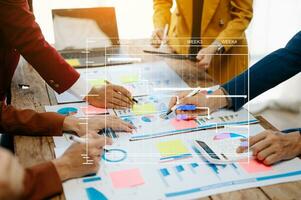 Project manager working and update tasks with milestones progress planning and Gantt chart scheduling diagram. business working with smart phone, tablet and laptop in office. photo