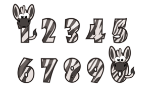 Cute zebra collection with numbering for birthday parties, kid education, ornament, element. png