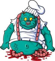 escalofriante zombi cocinero dibujos animados personaje en blanco antecedentes vector