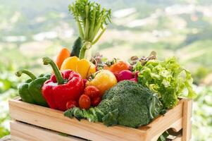 caja de madera llena de verduras orgánicas frescas foto