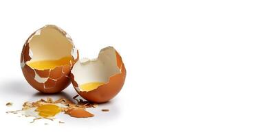 Broken fresh egg on a white background with space for text. Close-up. AI generated. photo