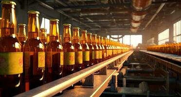 Glass bottles on a conveyor belt in a factory. Beer packaging shop. AI generated photo