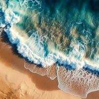 Ocean waves and sandy beach top view. Summer vacation atmosphere. Generative AI photo