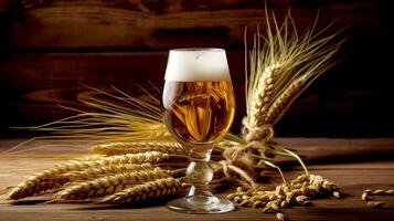 Beer and wheat on a wooden table. Beer background. AI Generated photo
