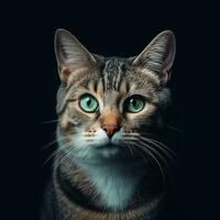 gris gato con verde ojos en un negro antecedentes. generativo ai foto