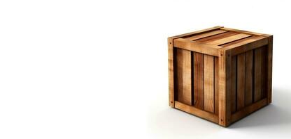Wooden container on a white background with space for text. Regular wooden cube. AI generated photo