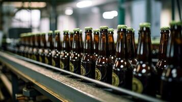 Beer bottles on the conveyor belt. Production and bottling of alcoholic beverages. AI Generated photo