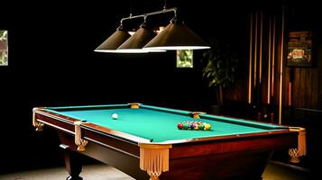 Billiard hundred, sport game. Colored balls, cue on green cloth. Fun competition. AI generated. photo