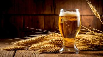 Light light lager in a glass on a wooden table against the background of wheat spikelets. AI Generated photo