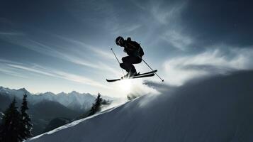 Skier in jump, background of snow-covered mountain descends in rays of the sun. AI generated. photo