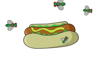 Animation of a hot dog surrounded by flies video