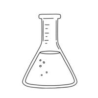 Flask with liquid for scientific experiment. Science, studying chemistry at school. Vector doodle sketch