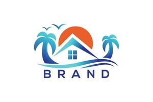 Trendy and minimal vacation or home and palm tree vector logo design