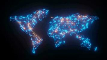 world map blue glow, wire styles, orange line connection network around the world, zoom out camera animation. video