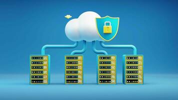 3D animation of white fluffy cloud hovering over server racking. video