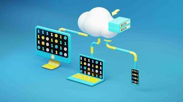 nube informática subir datos a nube seguridad, computadora ordenador portátil teléfono inteligente servidor, azul fondo, minimalista video