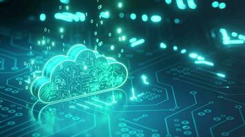 Cloud Computing concept background, on circuit board , glowing light sweep, data code on cloud. video