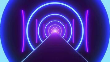 3d en bicicleta fantasía túnel animación, resumen rosado azul púrpura neón antecedentes con brillante vistoso degradado círculos, y línea en el oscuro, vacío etapa virtual vj bucle, salvapantallas 4k 60 fps animación video