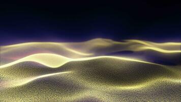 Abstract flowing smooth Golden fractal waves background with violet shine. Grid, mesh of dots and lines. 4k seamless loop animation video