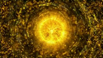 abstract gouden oranje lusvormige energie gebied van plasma deeltjes en golven van magisch gloeiend Aan een glimmend geel stof beweging achtergrond, video 4k, 60 fps.