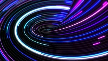 abstrakt Energie lila mehrfarbig wirbelnd gebogen Linien von glühend magisch Streifen und Energie Partikel ziehen um nach oben, animiert Hintergrund. 4k Video. video