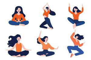 mano dibujado hembra personaje haciendo yoga o meditando en plano estilo vector