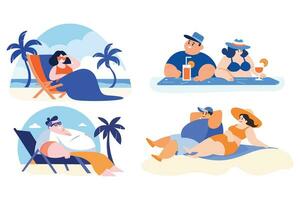 Hand Drawn overweight Tourists relaxing by the sea on vacation in flat style vector