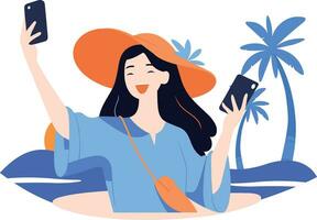 Hand Drawn Tourists relaxing by the sea on vacation in flat style vector