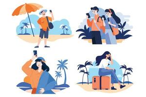 Hand Drawn Tourists relaxing by the sea on vacation in flat style vector