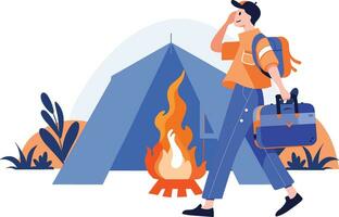 Hand Drawn Tourists camping in the forest in flat style vector