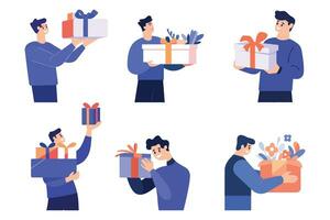 Hand Drawn man with gift in the concept of gift giving in flat style vector