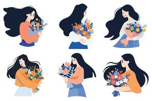 Hand Drawn Woman with flowers in the concept of Woman Day in flat style vector