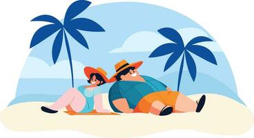 Hand Drawn overweight Tourists relaxing by the sea on vacation in flat style vector