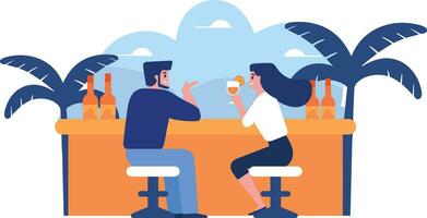 Hand Drawn couple having a drink at a bar by the sea in flat style vector