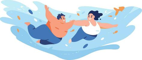 Hand Drawn overweight tourists swimming in the sea in flat style vector