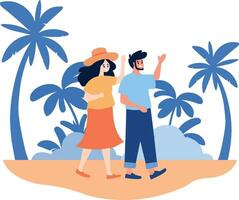 Hand Drawn Tourists relaxing by the sea on vacation in flat style vector